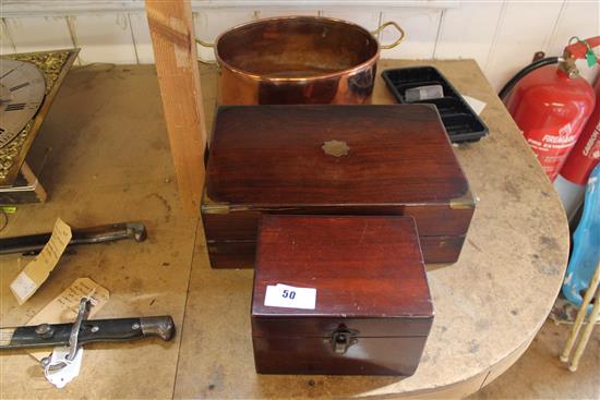 Wooden writing box another box and a copper bowl